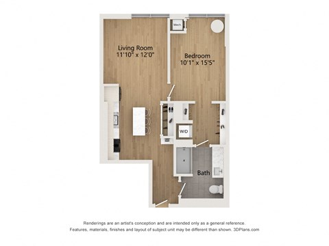 Floor plan for 1 bed, 1 bath, 710 sqft